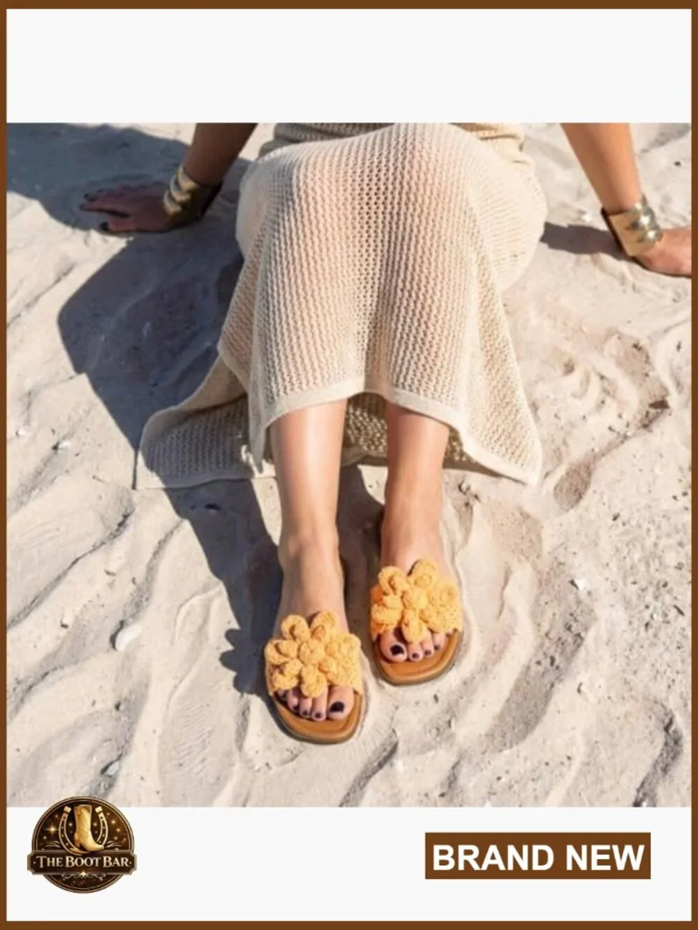 Women's Knit Square Toe Slide Sandals with Woven Flower Detail Memory Foam